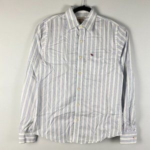 Ezra Fitch Button Down Up Shirt Mens Large White Blue Stripe Logo Pocket